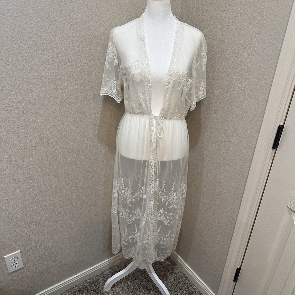 Blashe Kimono M‎ Ivory Sheer Lace Mesh Open Duster Festival Fairy Cottage Bridal